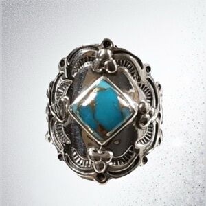 Ornate Vintage Turquoise Southwestern Biker Sterling Silver Ring 925 SIZE 7